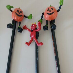 Three Vintage Pencils with Halloween, Poseable Toppers-Lil Devil-Jack O Lantern